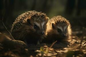 Family of hedgehogs on the background of wild nature. ai generative photo