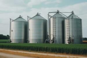 a set of silos for processing agricultural products next to a field.ai generative photo