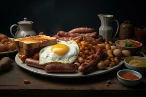 frito huevos, frito salchichas, crujiente frito tocino rebanadas, estofado frijoles, brindis en un blanco lámina, británico desayuno. ai generativo foto