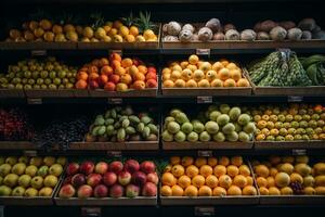 Fresco frutas en el estantería en el supermercado. ai generativo foto