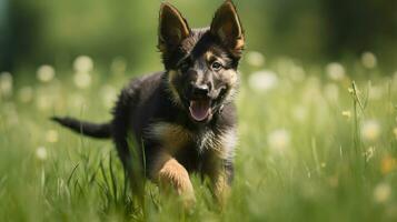 energético alemán pastor perrito corriendo mediante un verde campo durante un calentar primavera día. ai generativo foto