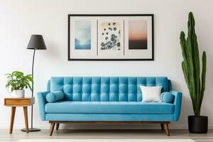 azul sofá en contra blanco pared con Arte póster marco. medio siglo estilo interior diseño de moderno vivo habitación.ai generativo foto