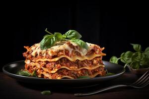 a plate of lasagna, dark background. photo