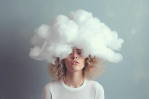 Young woman with her head in cloud. Depression, loneliness and mental health concept. Psychology theme, dreaming, having racing thoughts in mind. Concept of memory loss, dementia. photo