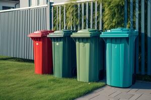 Tres basura contenedores para varios tipos de basura. reciclaje concepto.ai generativo foto