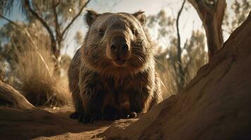 wombat en el antecedentes de australiano naturaleza, animales de Australia. ai generativo foto