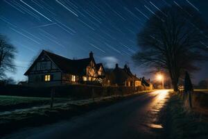 village on night starry sky glowing road landscape on shutter speed generative ai photo