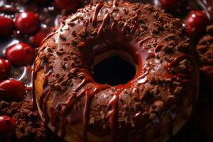 dulce chocolate rosquilla con Cereza generativo ai foto