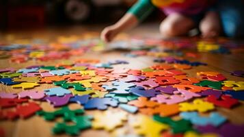 child with autism spectrum play puzzles on a floor, mental disorder generative ai photo