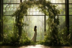 wedding glass arch in the jungle and a beautiful bride in a dress generative ai photo