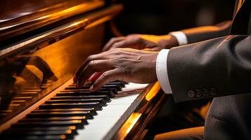 músico jugando En Vivo música en el piano generativo ai foto