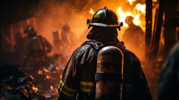 bomberos Vamos a un ardiente casa a poner fuera un fuego generativo ai foto