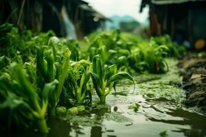 rainy season flooded vegetable gardens with plants generative ai photo