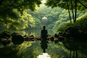 a man meditates against the background of green calm nature, the concept of yoga, self-knowledge generative ai photo