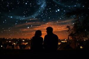 Pareja en amor admirativo el noche estrellas, romántico atmósfera generativo ai foto