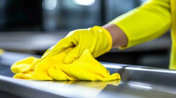 close-up of female hands in rubber gloves wipes the surface in the house with a rag generative ai photo