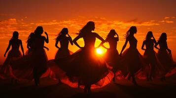 un equipo de muchachas en vestidos bailando a puesta de sol generativo ai foto