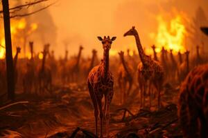 giraffe animal fleeing fire forest fires generative ai photo