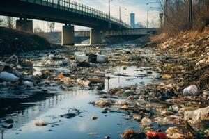 indio río contaminado con basura y residuos generativo ai foto