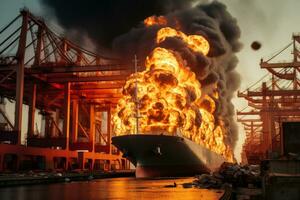 fire in the seaport burning ship, cargo ship with grain after the explosion generative ai photo