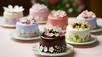 miniatura chocolate pasteles, decorado con comestible flores generativo ai foto
