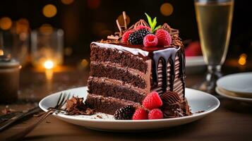 A slice chocolate cake adorned with luscious ganache, fresh berries, and a dusting of cocoa powder. Generative AI photo