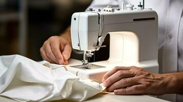 hands sewing white fabric on a sewing machine generative ai photo