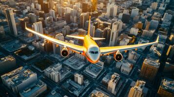 passenger plane flying over the metropolis city generative ai photo