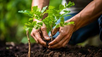 jardinero plantando pequeño arboles en el suelo generativo ai foto