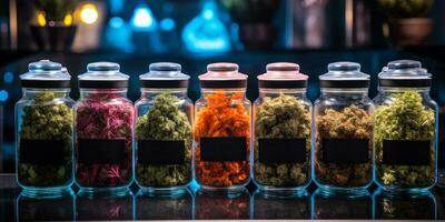 medicinal buds of various cannabis strains in jars generative ai photo