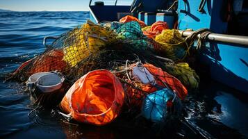 boat garbage collection at sea generative ai photo