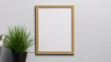 an empty square frame mockup hanging on a white wall, AI generated photo