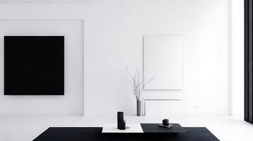 minimalista vivo habitación interior con blanco paredes, hormigón piso, negro sofá y redondo café mesa. 3d representación burlarse de arriba ai generativo foto