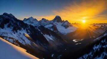 hermosa puesta de sol en el montañas. panorama de el Cáucaso montañas. ai generativo foto