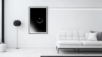 Minimalistic living room interior with white walls, concrete floor, black sofa and round coffee table. 3d rendering mock up photo