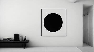 Minimalistic living room interior with white walls, concrete floor, black sofa and round coffee table. 3d rendering mock up AI Generative photo