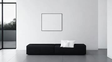 minimalista vivo habitación interior con blanco paredes, hormigón piso, negro sofá y redondo café mesa. 3d representación burlarse de arriba ai generativo foto