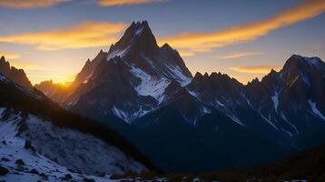 hermosa puesta de sol en el montañas. panorama de el Cáucaso montañas. ai generativo foto