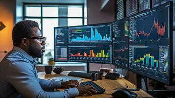 Finance trade manager analyzing stock market indicators for best investment strategy, financial data and charts, AI generated photo