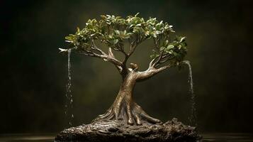 un joven árbol con agua como dos manos suavemente taza el líquido, torrencial eso sobre el sediento suelo, ai generado foto