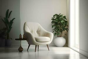 Contemporary interior design with an armchair on an empty white wall ,  AI Generated photo