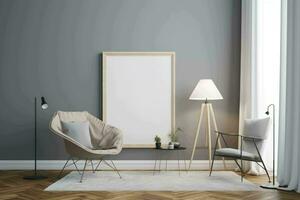 living space with blank picture frame mockup and chair,  AI Generated photo