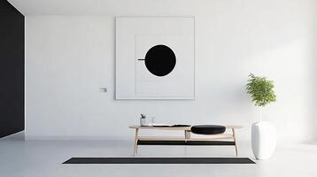 minimalista vivo habitación interior con blanco paredes, hormigón piso, negro sofá y redondo café mesa. 3d representación burlarse de arriba ai generativo foto