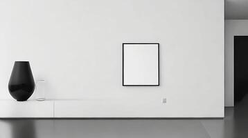 Minimalistic living room interior with white walls, concrete floor, black sofa and round coffee table. 3d rendering mock up photo