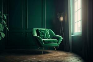 vivo habitación con un elegante verde Sillón en oscuro verde muro, ai generado foto