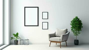 a modern minimalist interior featuring an empty square frame mockup against a pristine white wall, AI generated photo