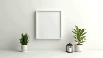 White empty frame mockup on empty white wall, AI generated photo