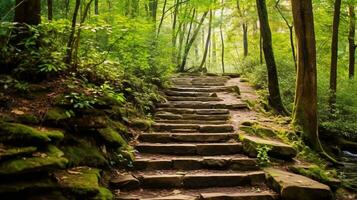 Hiking trails in the mountains, curved natural stone steps, AI generated photo