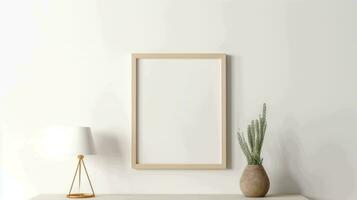 Mockup of a empty blank vertical poster in wooden frame on white wall, AI generated photo