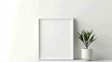 empty square frame mockup positioned on a white wall in a modern The frame stands as a blank canvas, AI generated photo